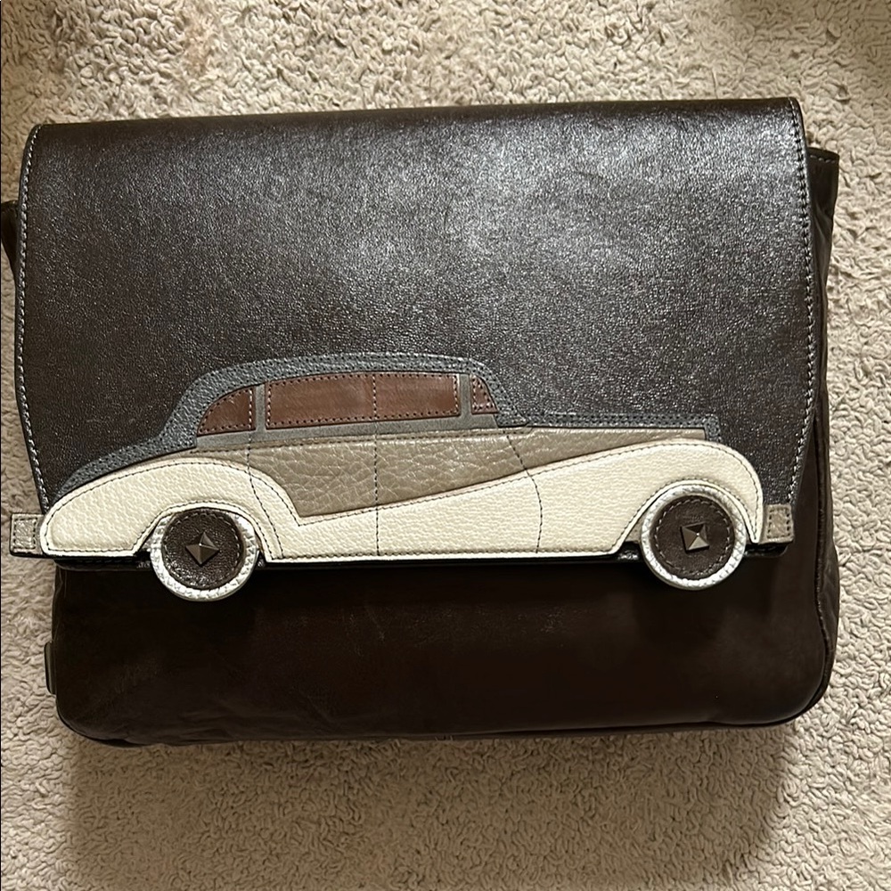 Marc Fisher Brown and Cream Clutch with Car Appliqué